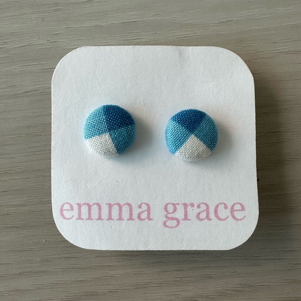 NEW HANDMADE Emma Grace Earrings Blue And White Fabric Round